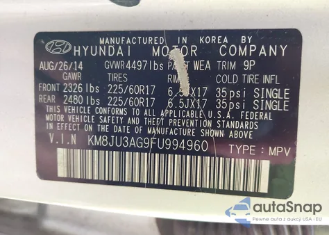 2015 Hyundai Tucson Se из США, поврежденный, VIN KM8JU3AG9FU994960